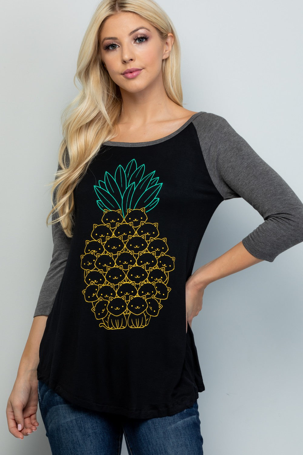 Pineapple Cat Print Raglan Shirt