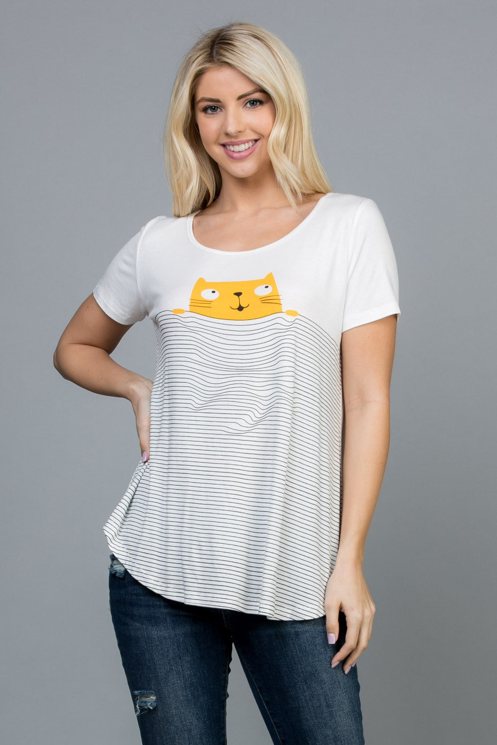 Cat With Stripe Short Sleeve T-Shirt