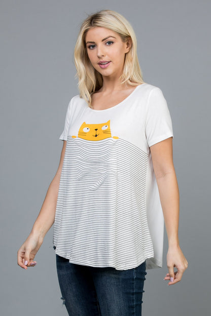 Cat With Stripe Short Sleeve T-Shirt