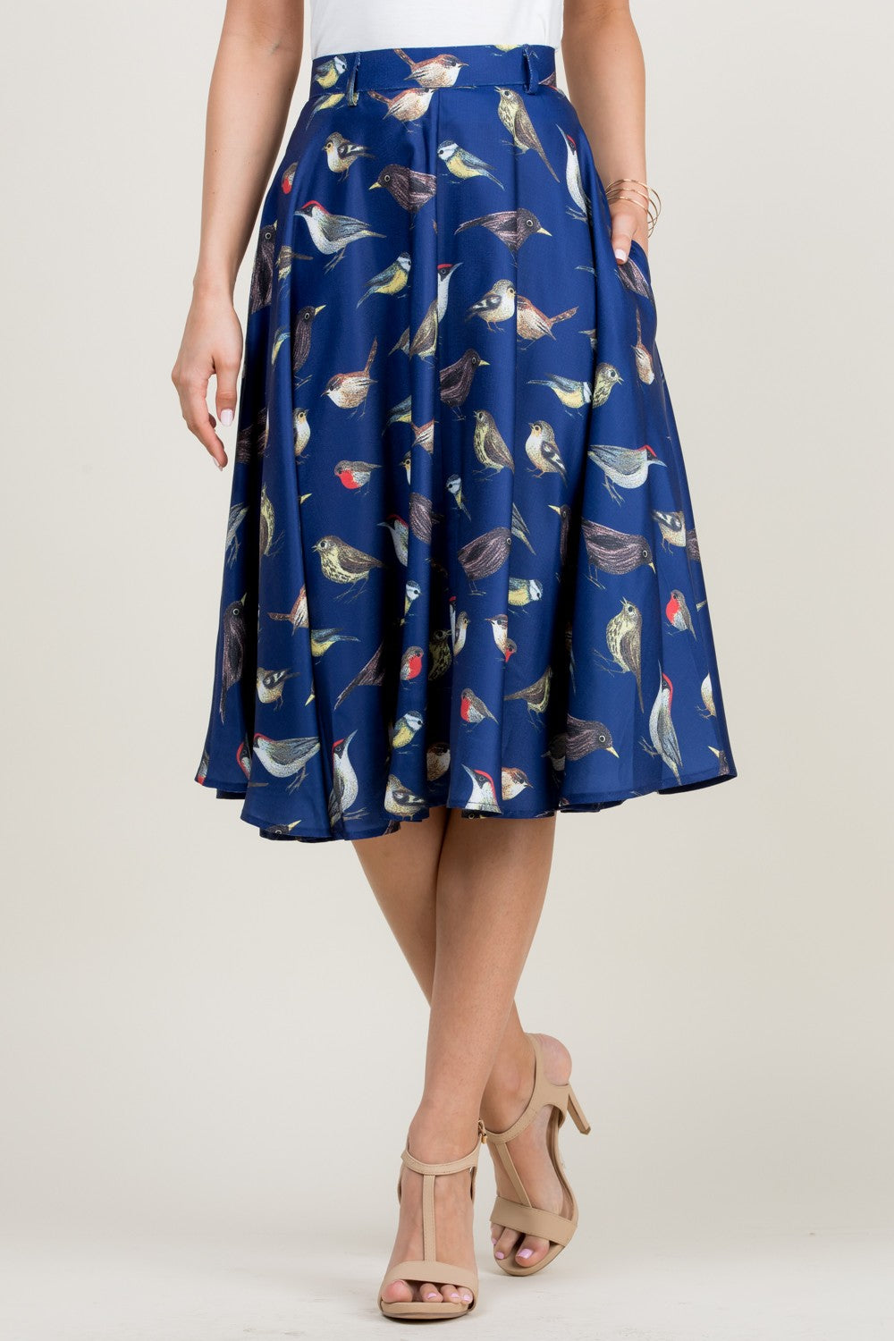 Bird Print Blue Swing Skirt