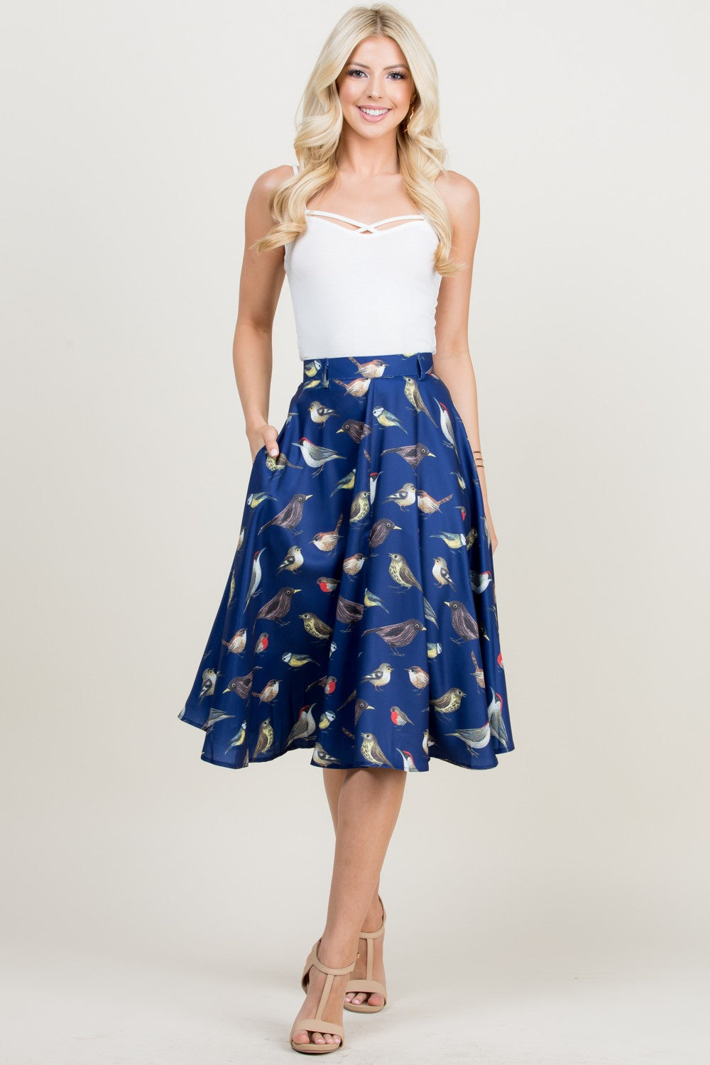 Bird Print Blue Swing Skirt