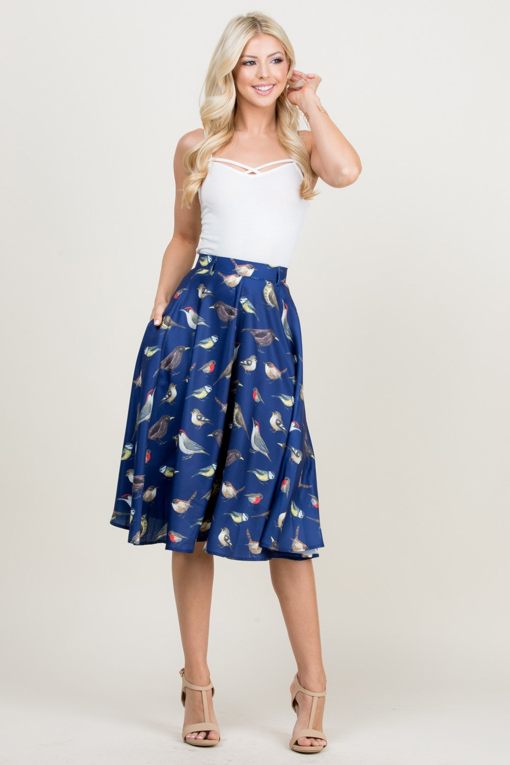 Bird Print Blue Swing Skirt