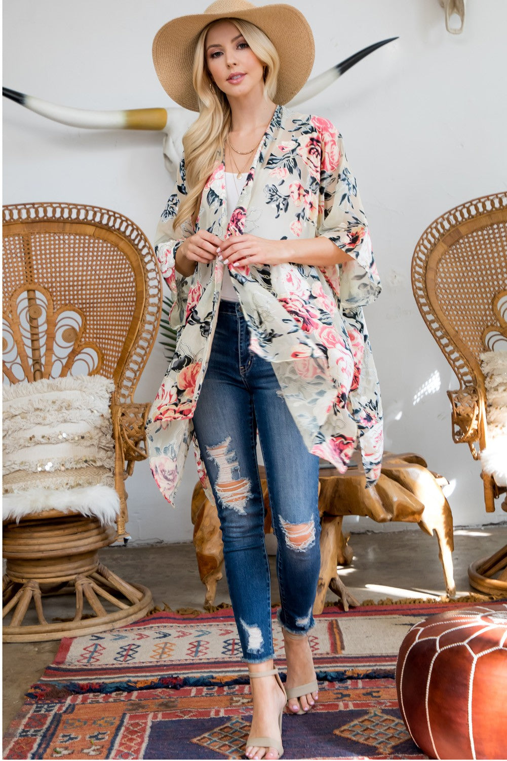 Rose Print Velvet Kimono