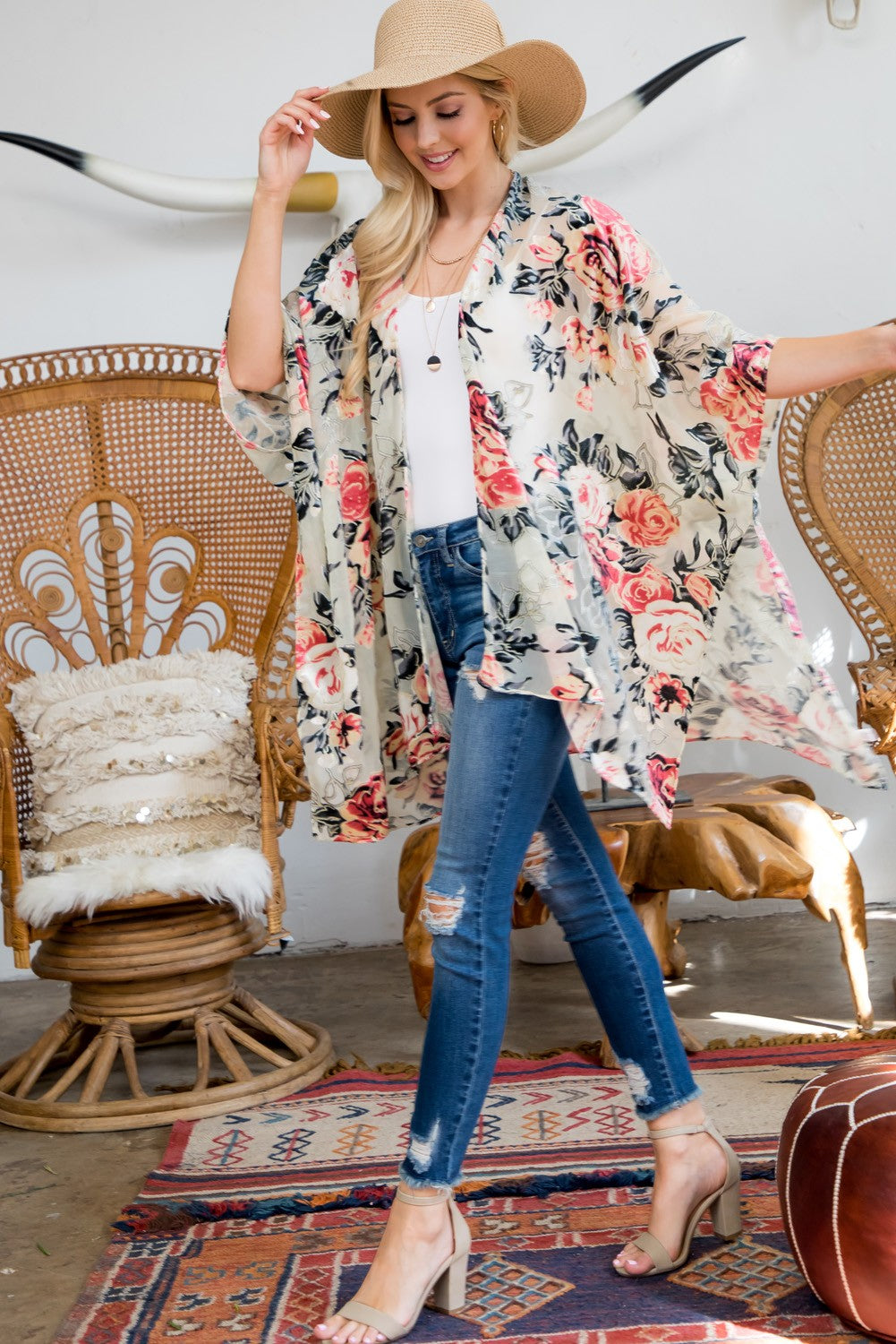 Rose Print Velvet Kimono