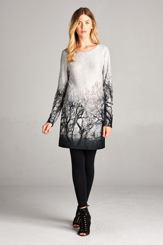 Tree Brach Print Winter Tunic Dress