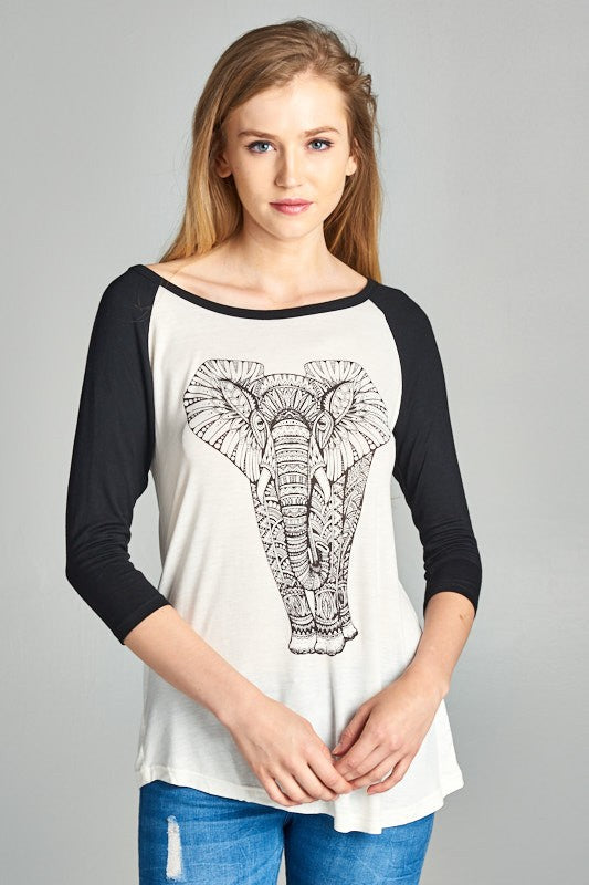 Artistic Elephant Print Raglan Shirt