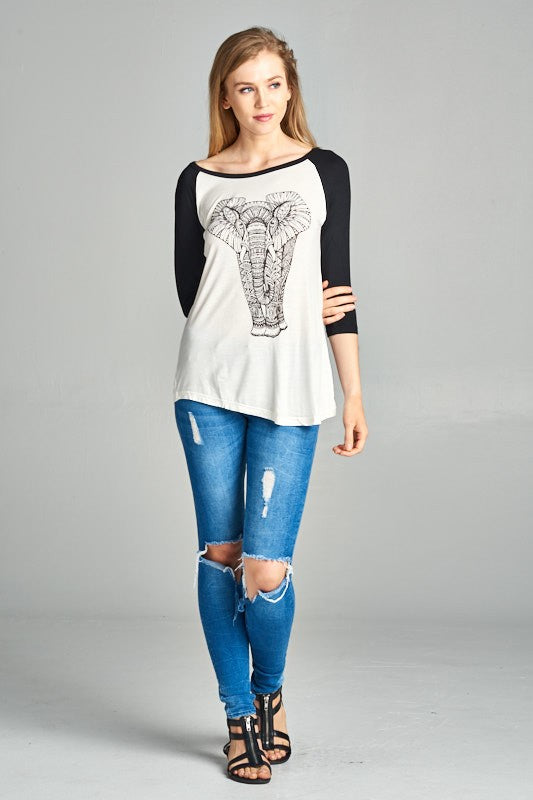 Artistic Elephant Print Raglan Shirt