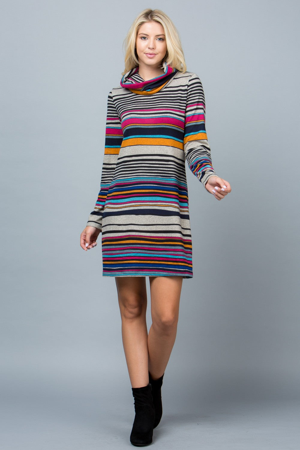 Colorful Stripe Cowl Neck Sweater Tunic Dress