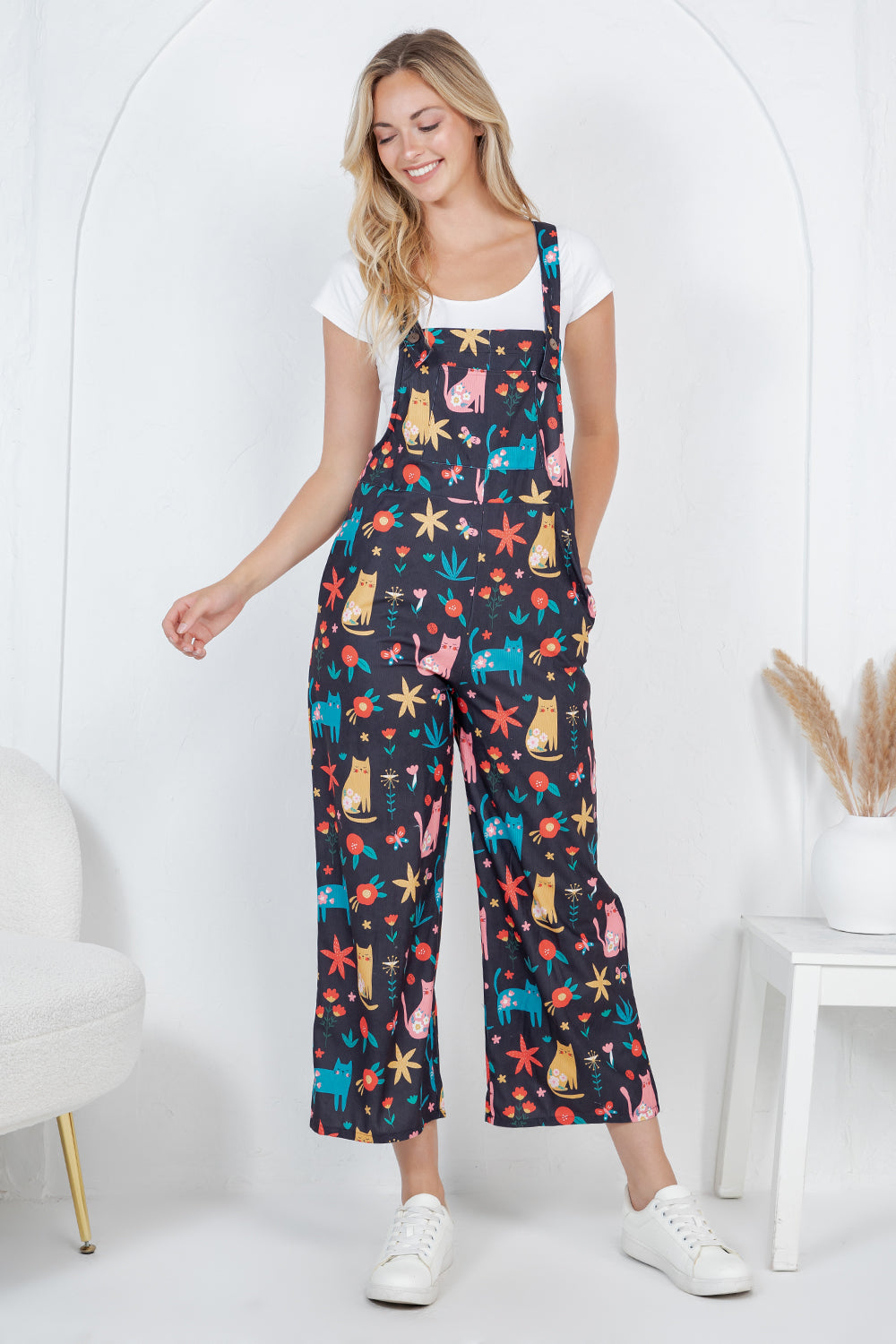 Floral Cats Wide Leg Overall