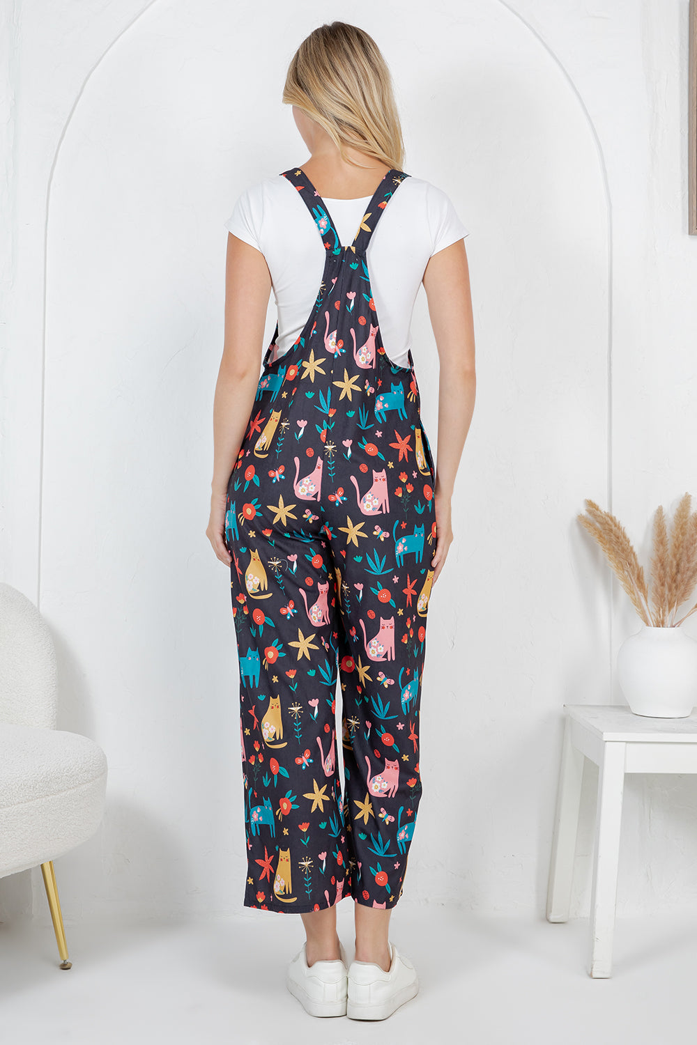 Floral Cats Wide Leg Overall