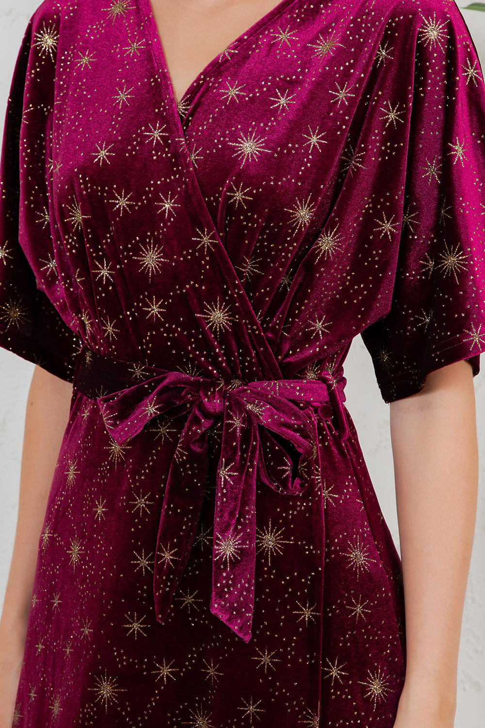GOLDEN MOON STAR VELVET WRAP MIDI DRESS - BURGUNDY