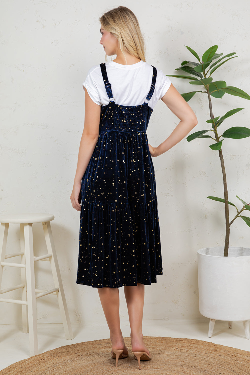 GOLDEN MOON STAR VELVET SMOCKED CAMI DRESS- NAVY