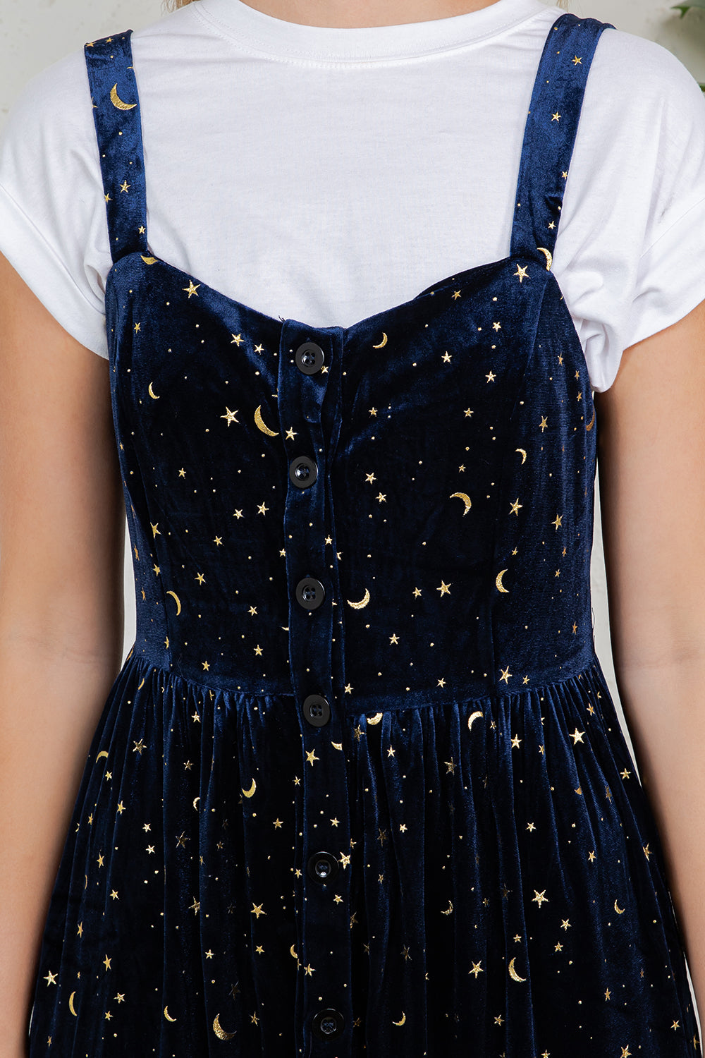 GOLDEN MOON STAR VELVET SMOCKED CAMI DRESS- NAVY