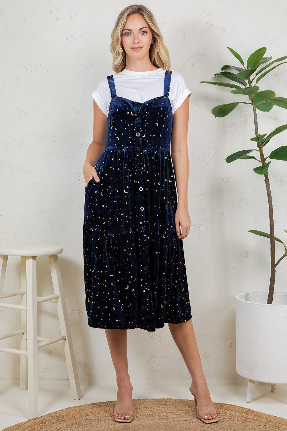 GOLDEN MOON STAR VELVET SMOCKED CAMI DRESS- NAVY