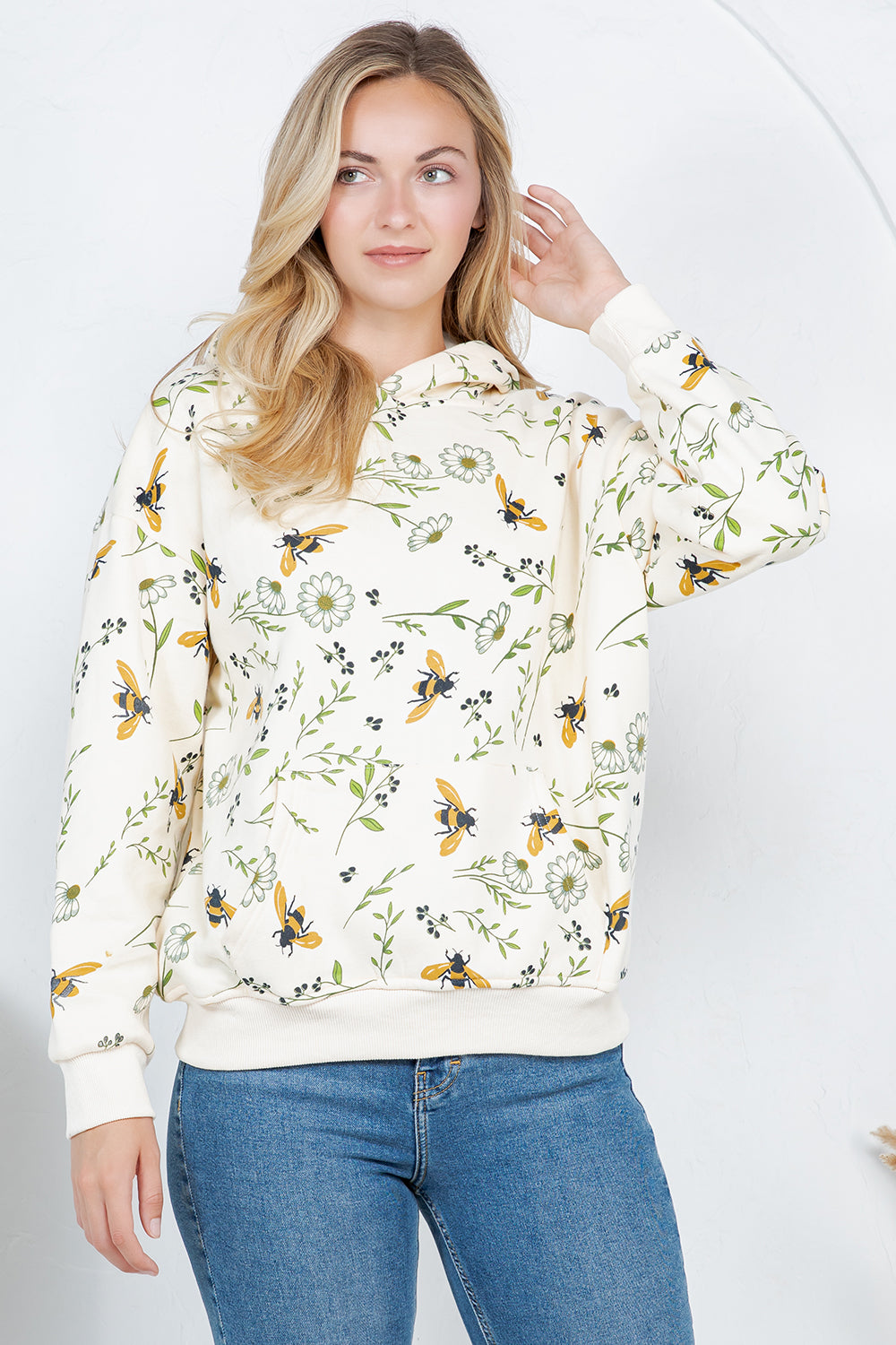 Bee Floral Pullover Fleece Hoodie