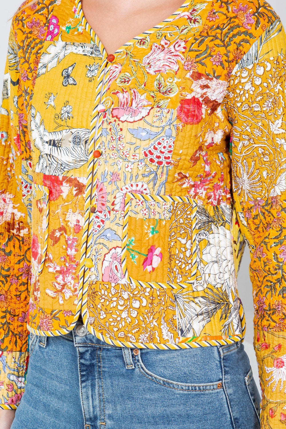 Quilted Patch Cotton Jacket - Mustard