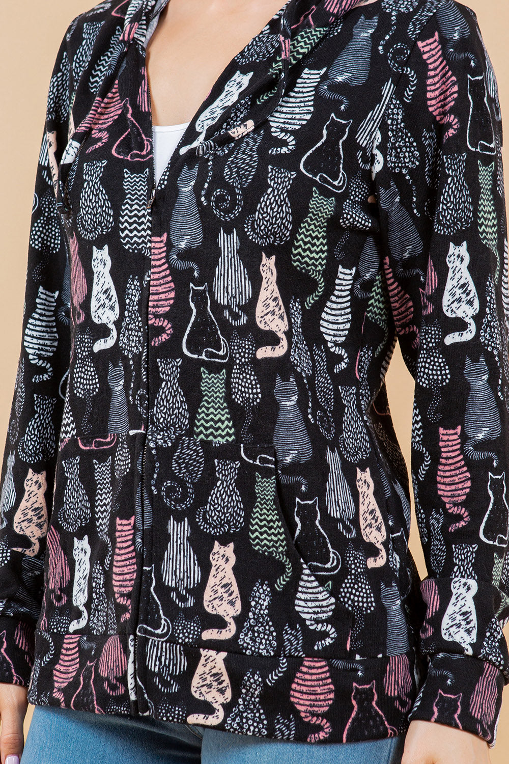 Cat Print Zipper Hoodie