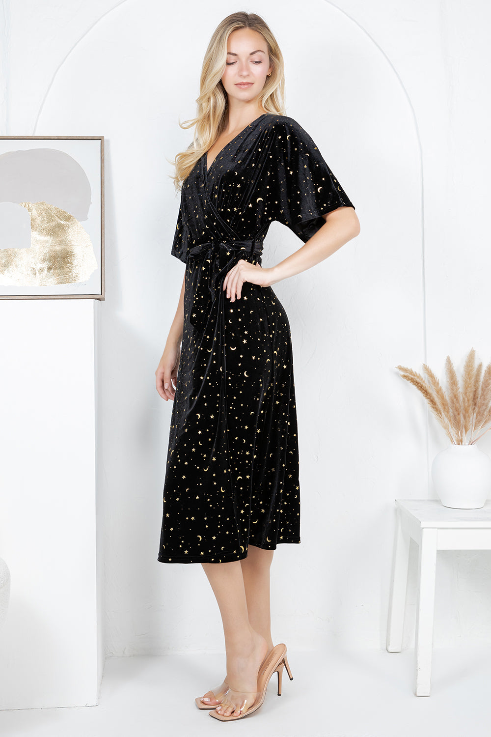GOLDEN MOON STAR VELVET WRAP MIDI DRESS - BLACK