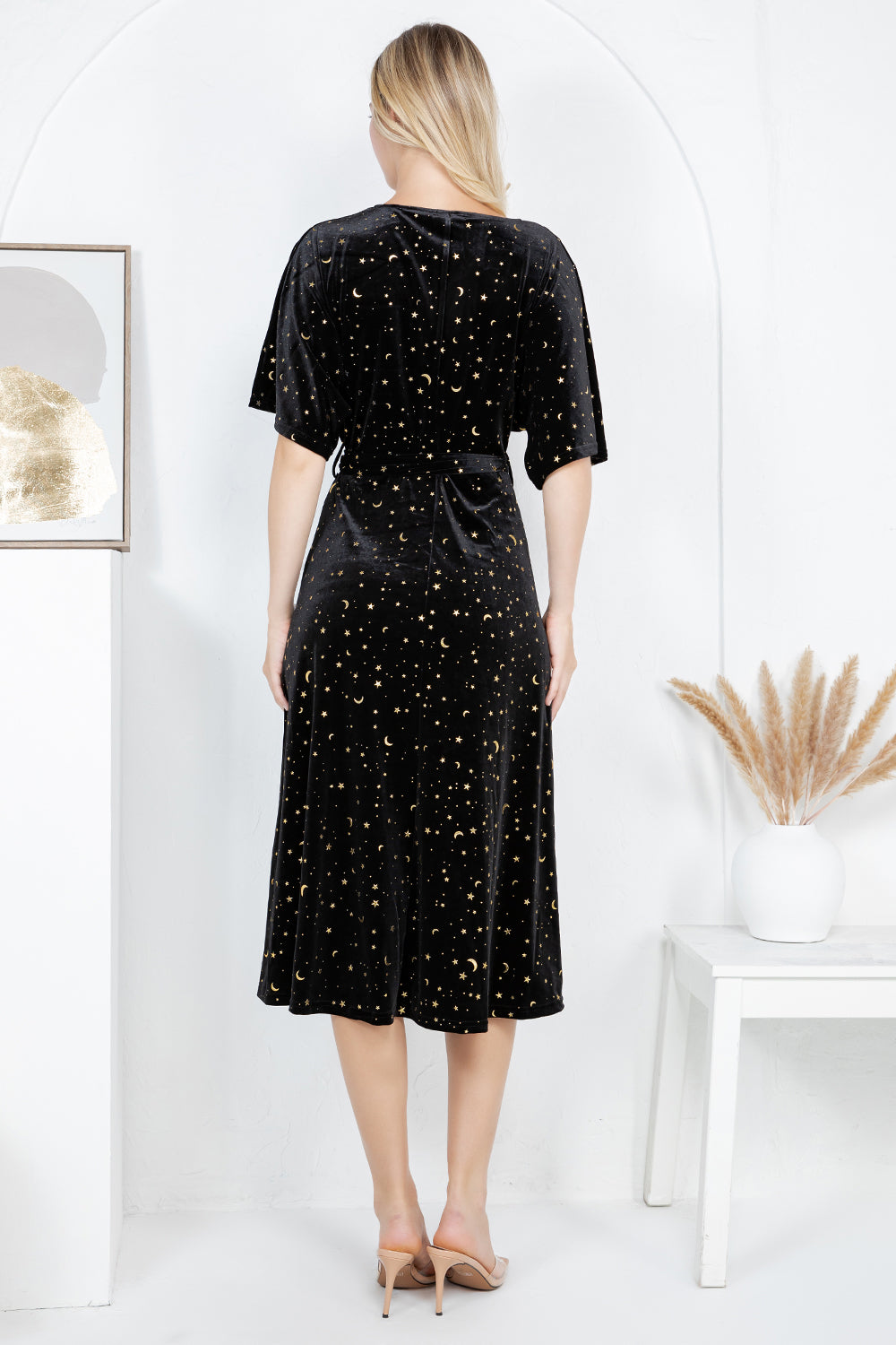 GOLDEN MOON STAR VELVET WRAP MIDI DRESS - BLACK