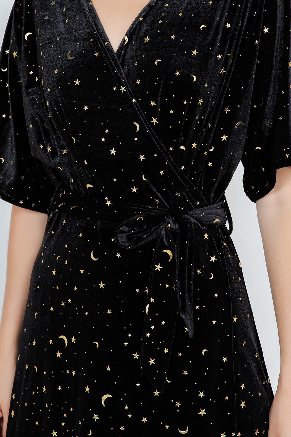 GOLDEN MOON STAR VELVET WRAP MIDI DRESS - BLACK