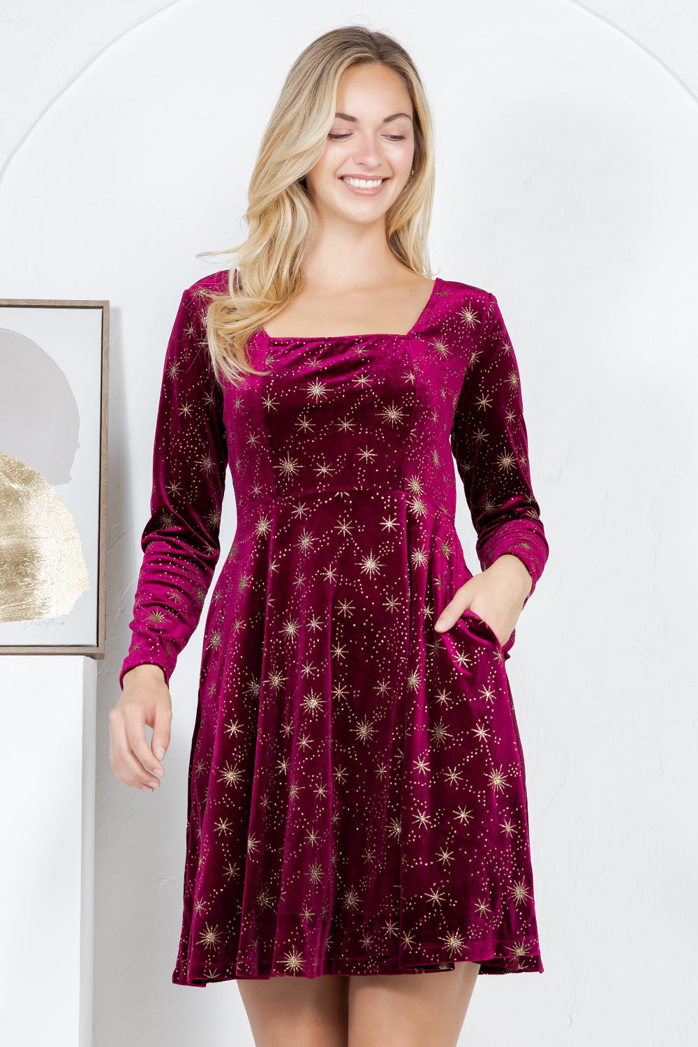 Celestial Velvet Dress-Burgundy