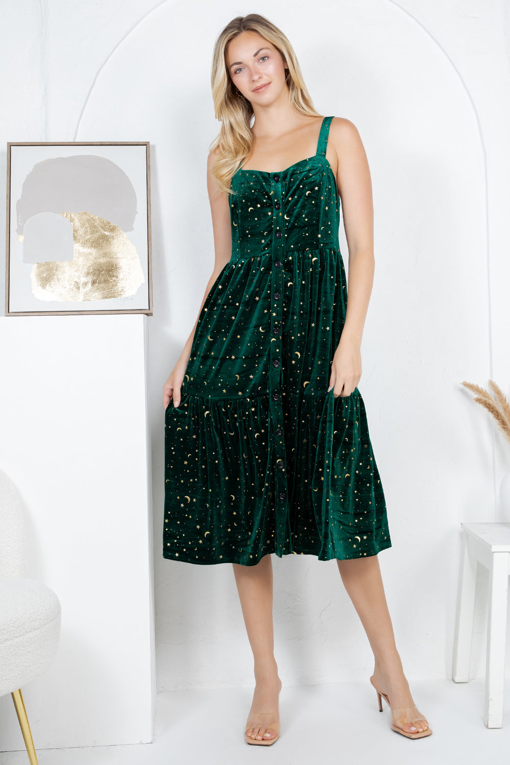 GOLDEN MOON STAR VELVET SMOCKED CAMI DRESS- GREEN