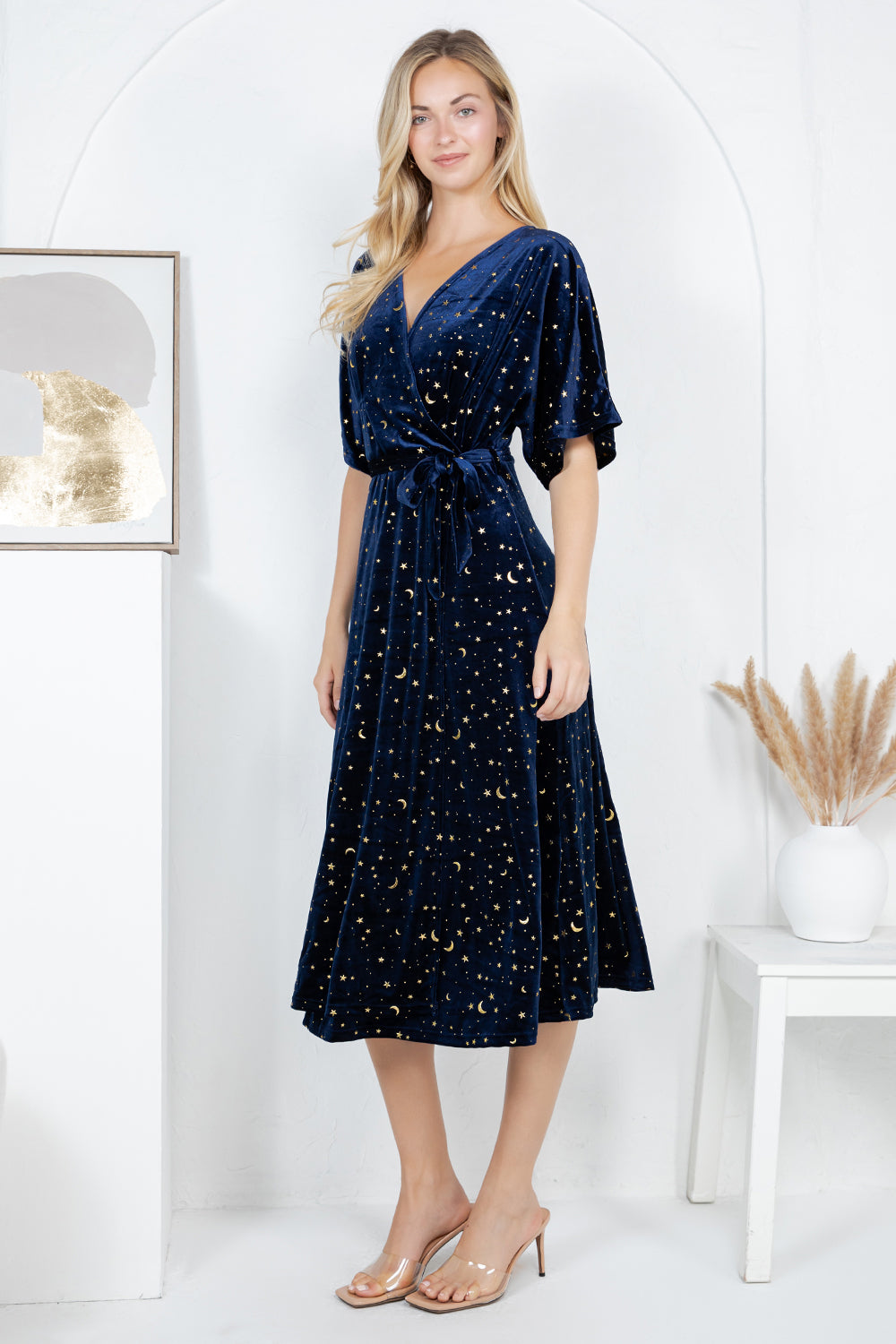 GOLDEN MOON STAR VELVET WRAP MIDI DRESS - NAVY