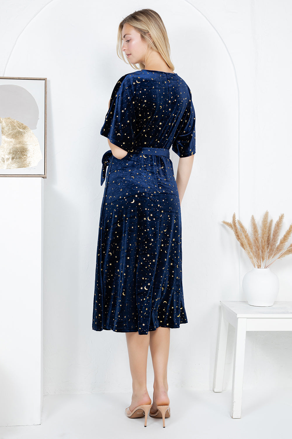 GOLDEN MOON STAR VELVET WRAP MIDI DRESS - NAVY