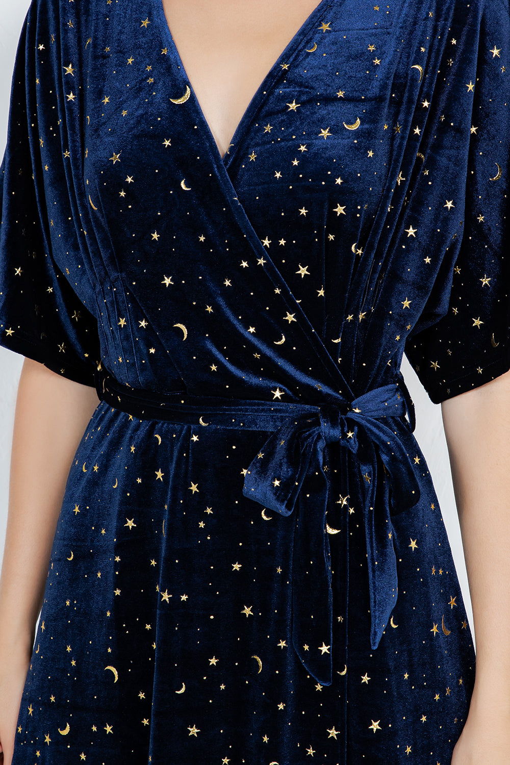 GOLDEN MOON STAR VELVET WRAP MIDI DRESS - NAVY