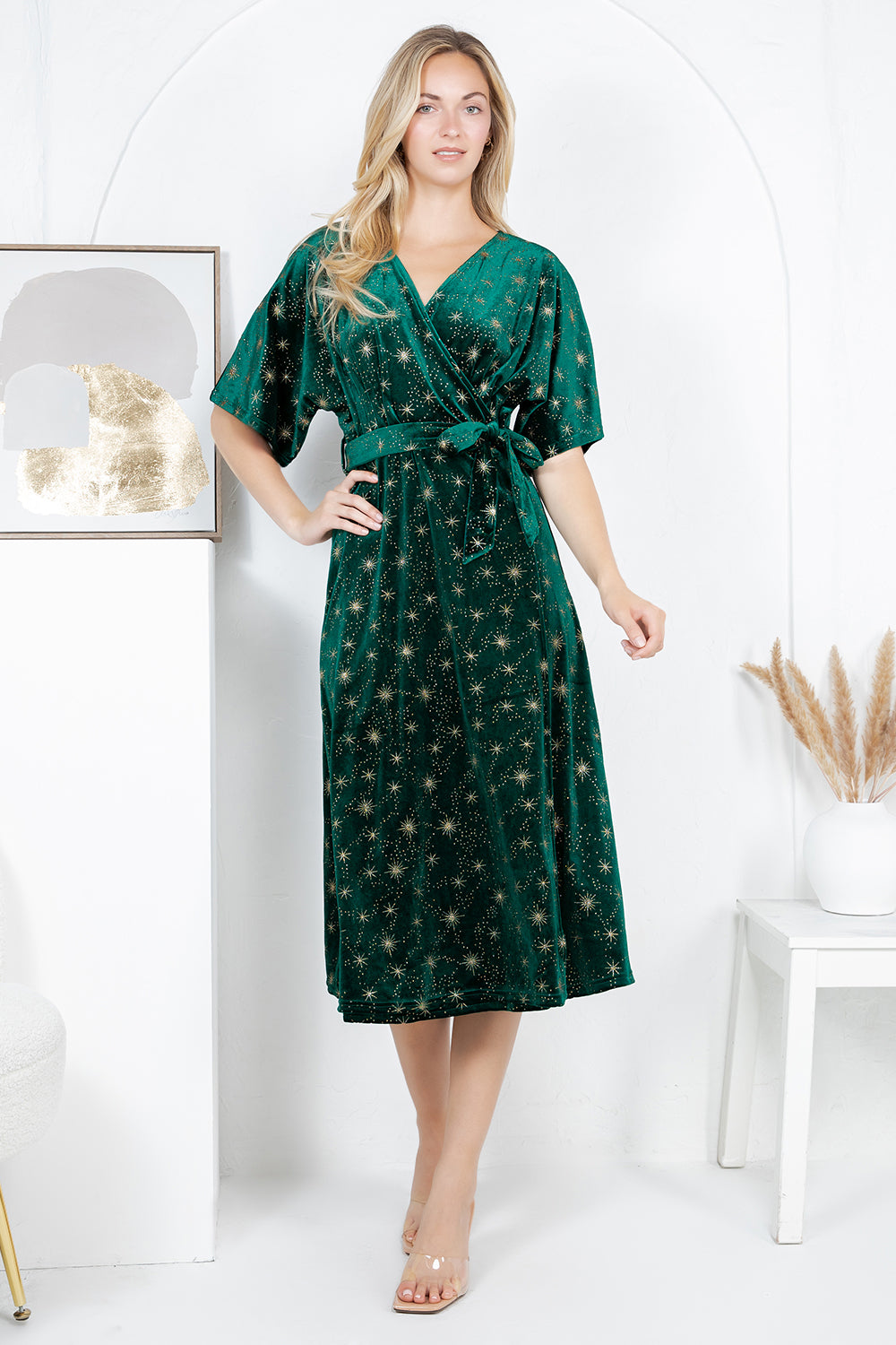 GOLDEN STAR VELVET WRAP MIDI DRESS - GREEN