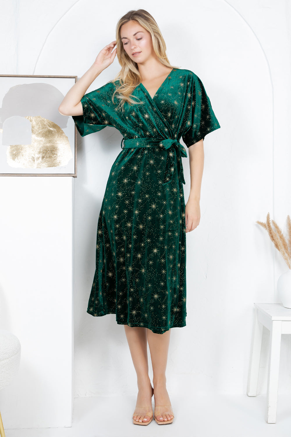 GOLDEN STAR VELVET WRAP MIDI DRESS - GREEN
