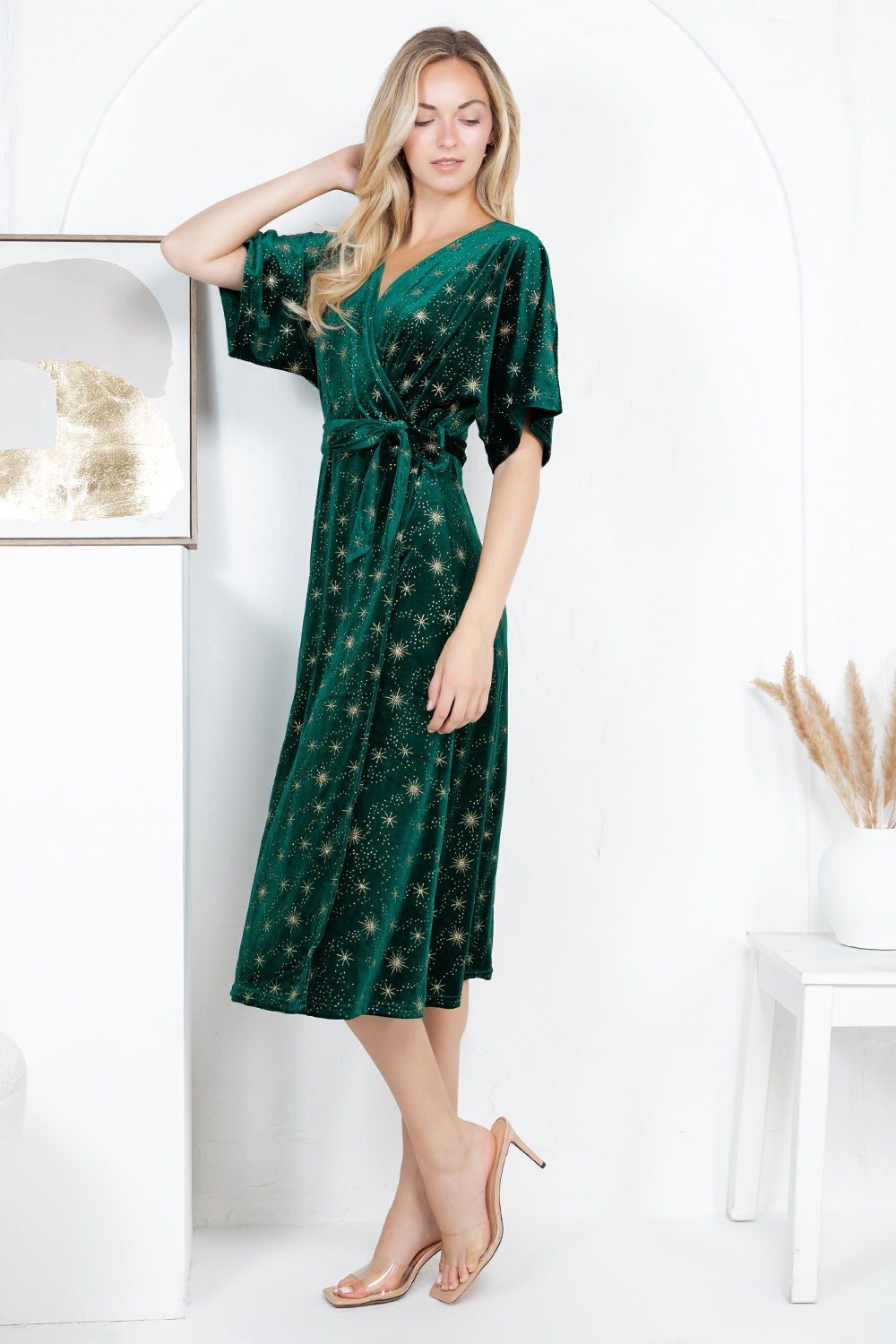 GOLDEN STAR VELVET WRAP MIDI DRESS - GREEN