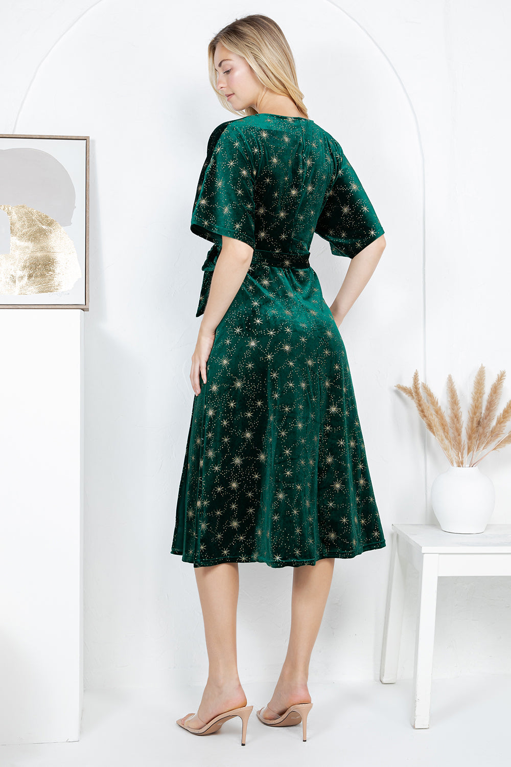 GOLDEN STAR VELVET WRAP MIDI DRESS - GREEN