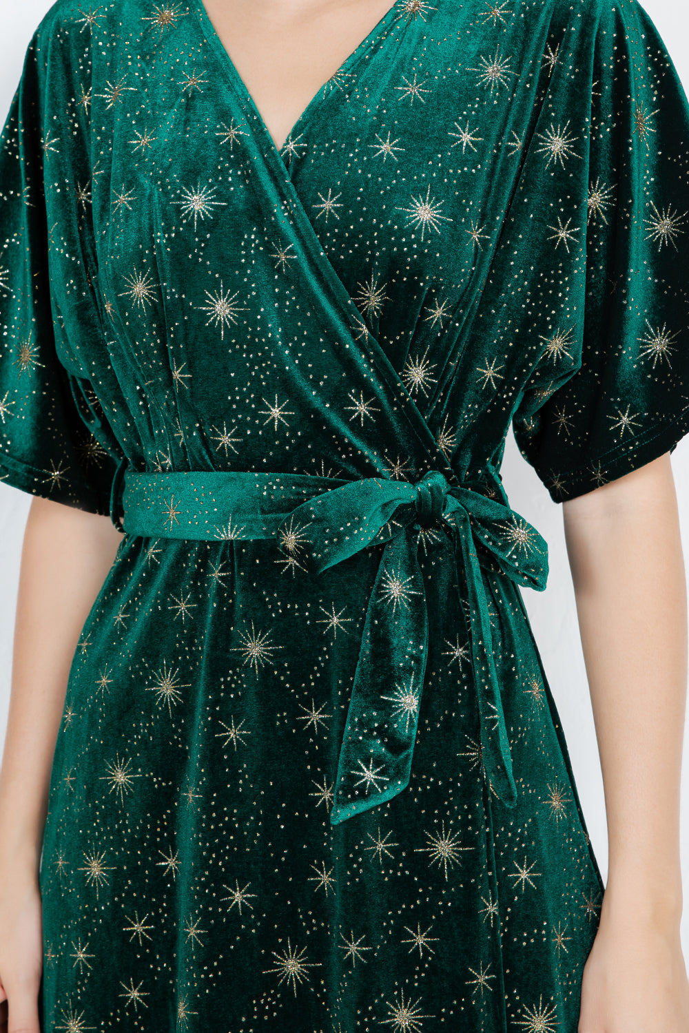 GOLDEN STAR VELVET WRAP MIDI DRESS - GREEN