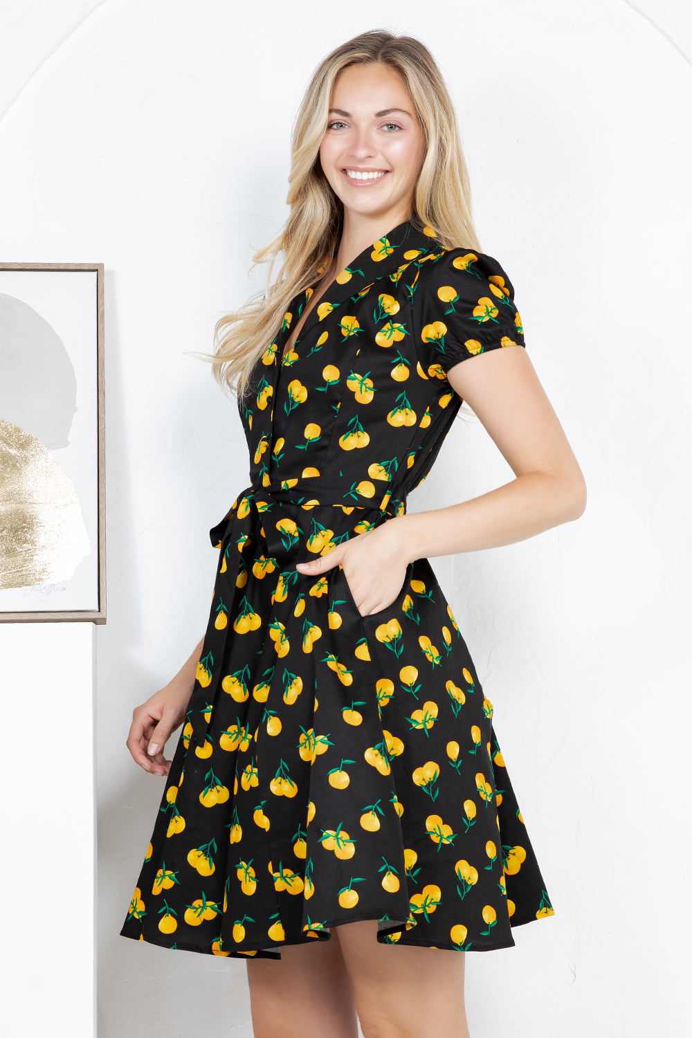 ORANGE PRINT COTTON DRESS - BLACK