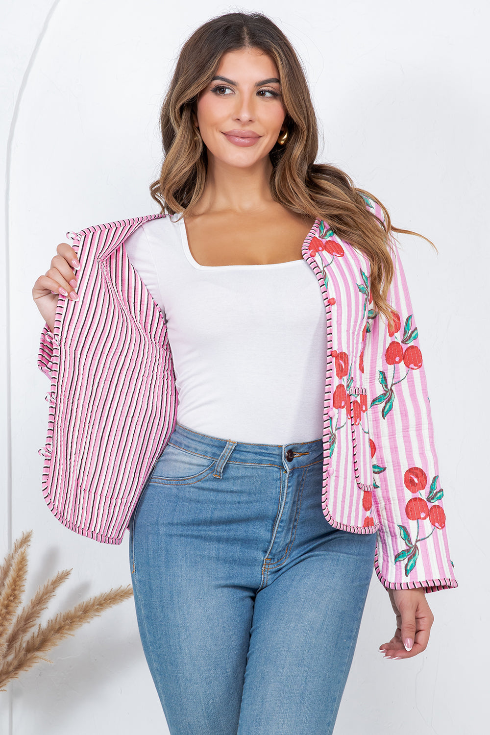 Cherry Print Reversible Quilted Cotton Jacket