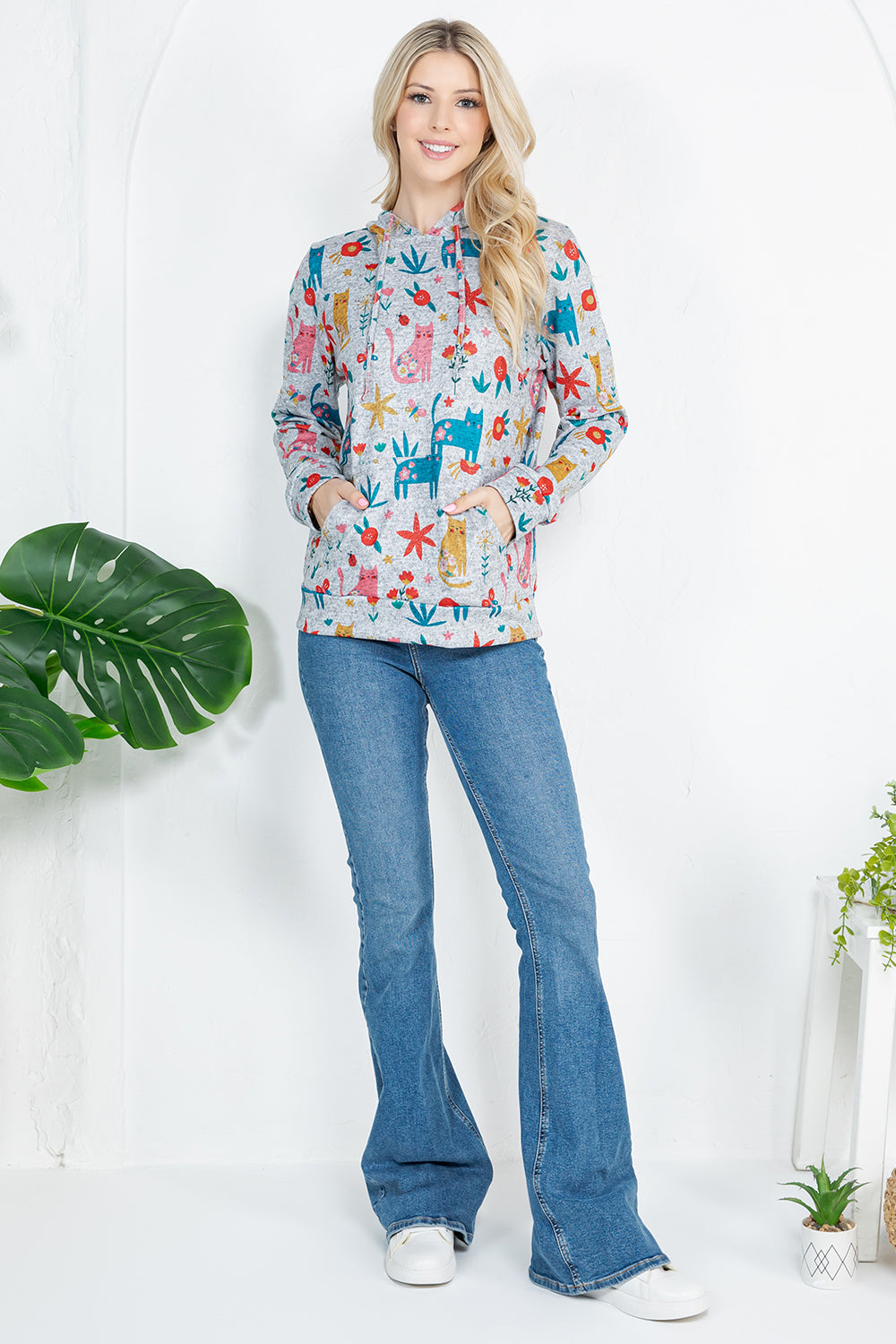 Colorful Cat Print Pullover Hoodie