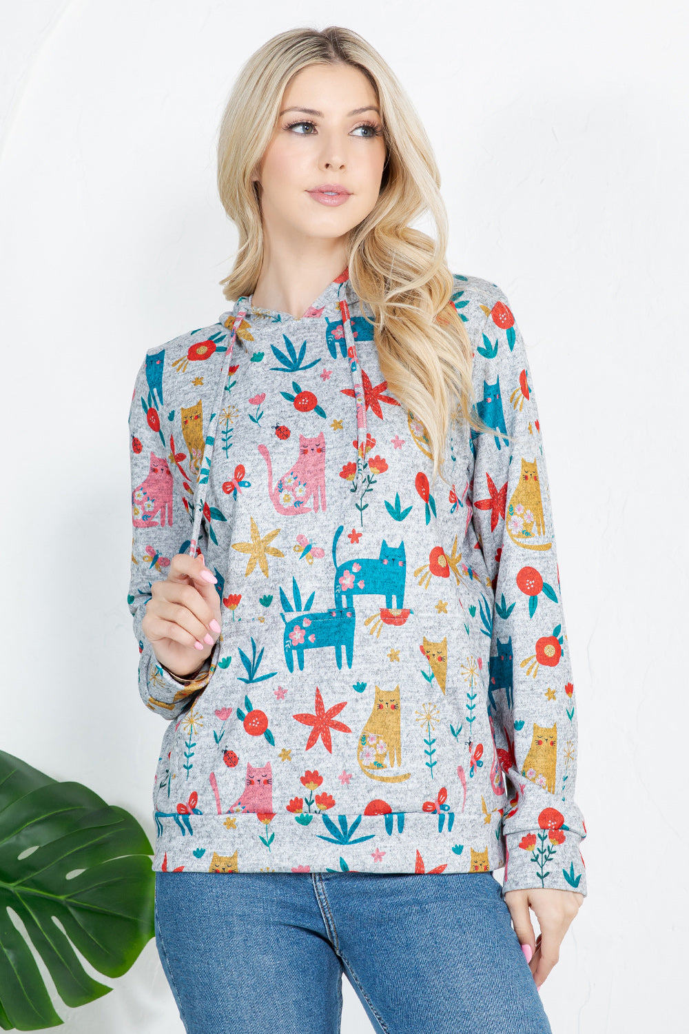 Colorful Cat Print Pullover Hoodie