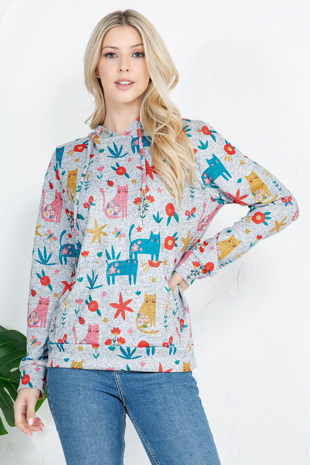 Colorful Cat Print Pullover Hoodie