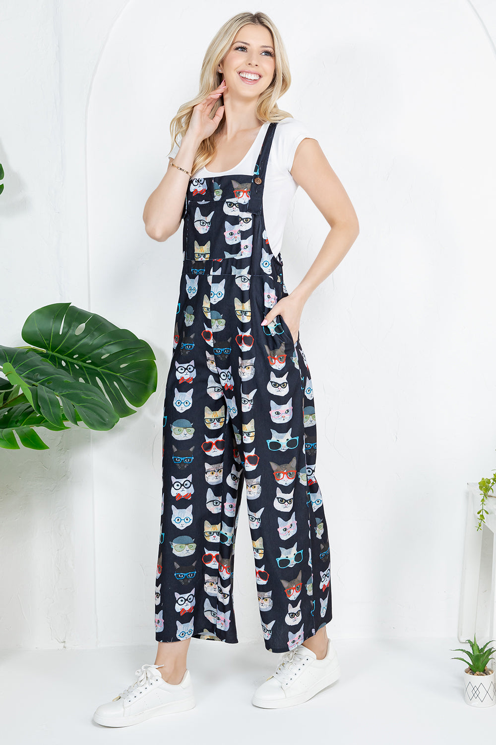 Cool Cat With Glasses Print Corduroy Overall