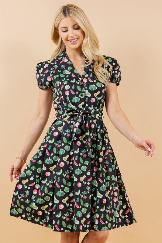 Vegetable Print Fit and Flare Dress