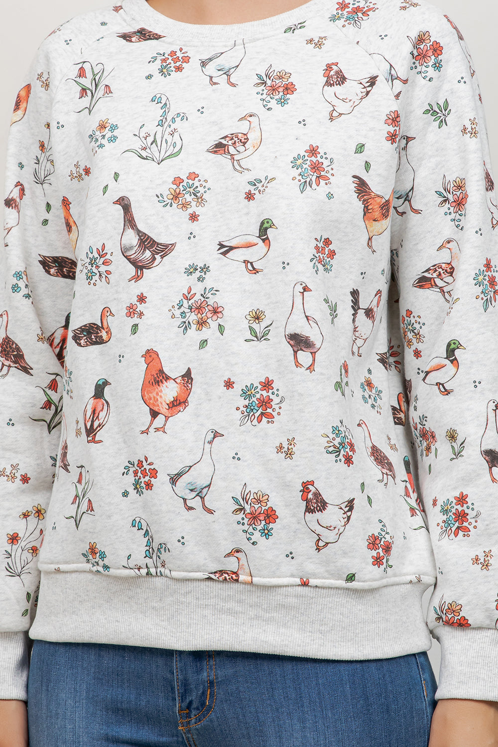 Variety Of Farm Birds Print Crew Neck Sweatshirt