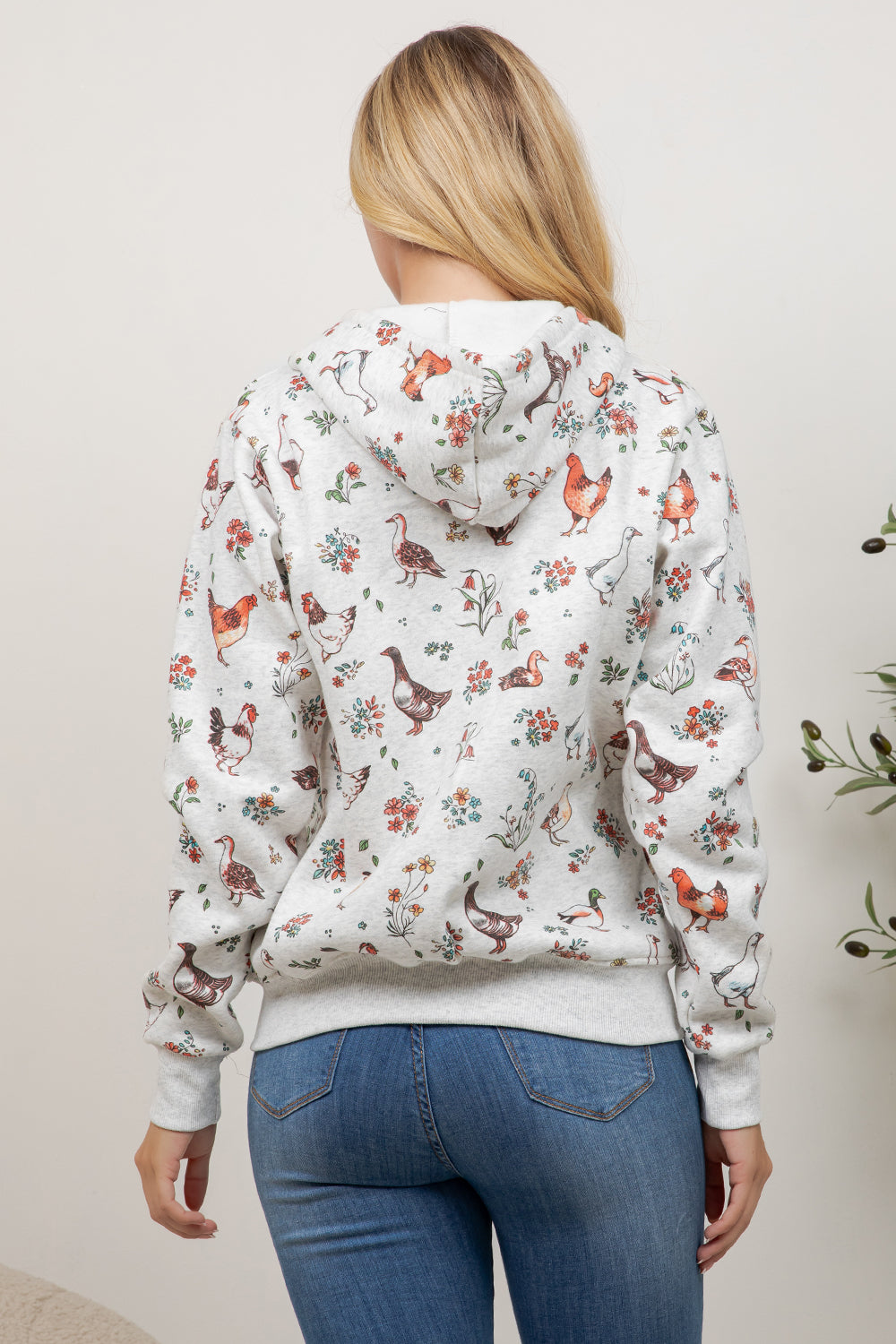 Farm Birds Print Zipper Hoodie