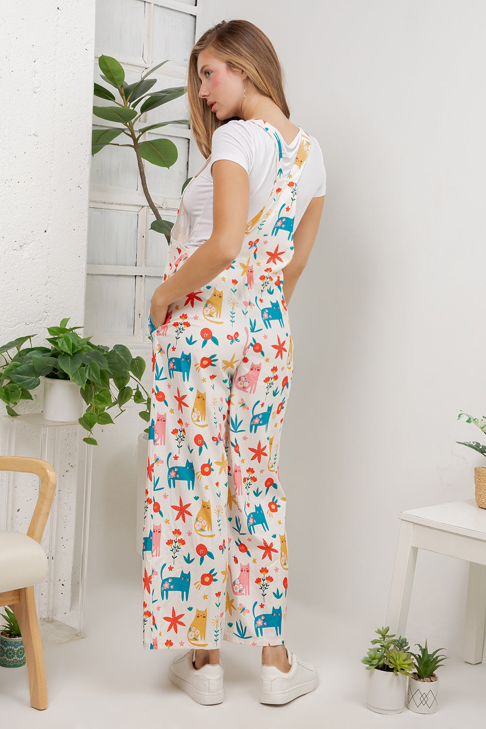 Floral Cats Overall Jumpsuit