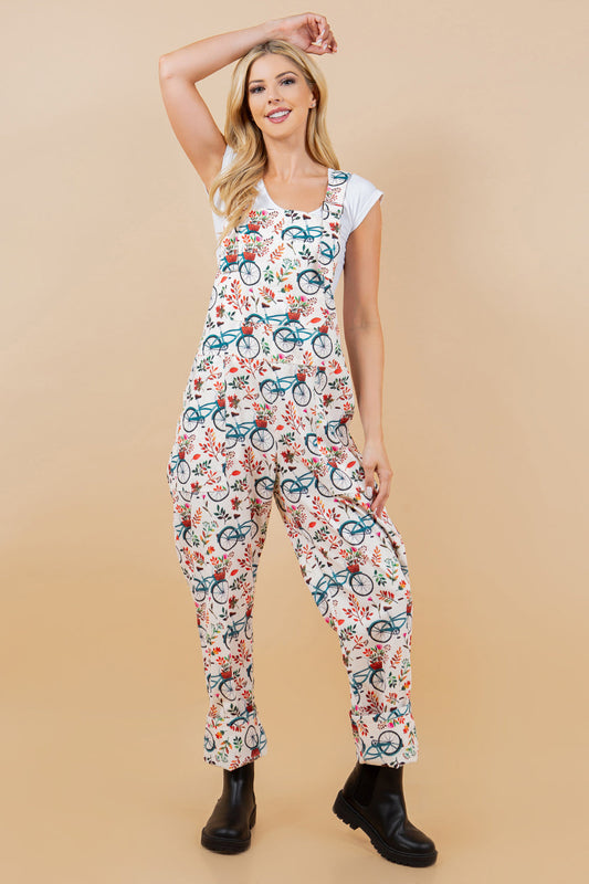 Floral Bicycle Print Overall Plus size