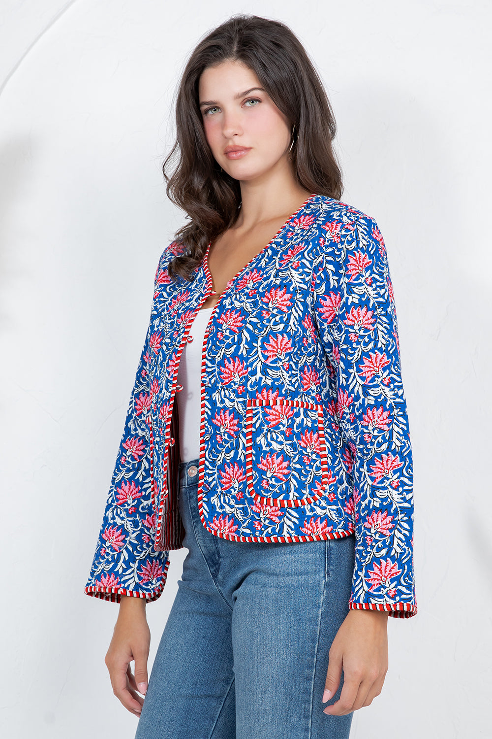 Floral Quilted Cotton Jacket - BLUE