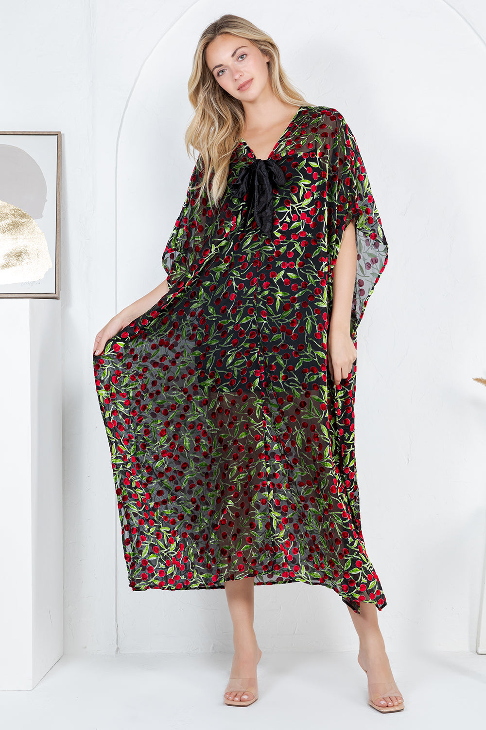 Cherry Burnout Velvet Kaftan Dress
