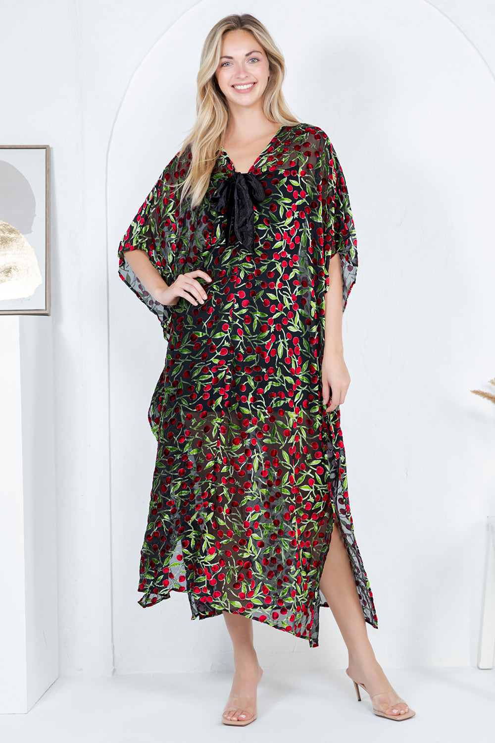 Cherry Burnout Velvet Kaftan Dress