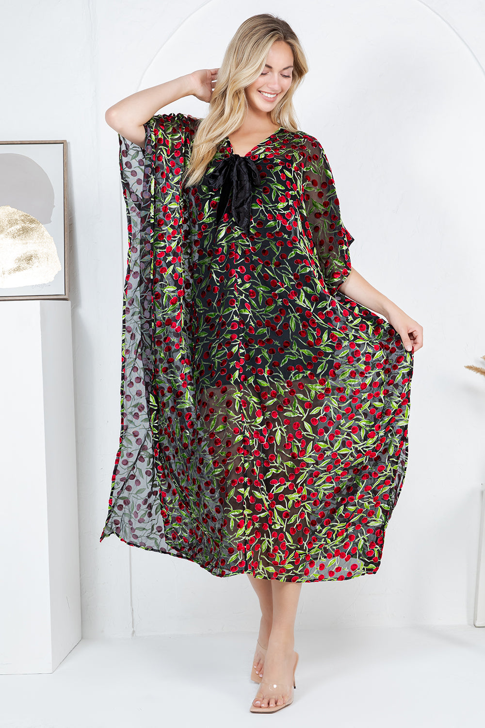 Cherry Burnout Velvet Kaftan Dress