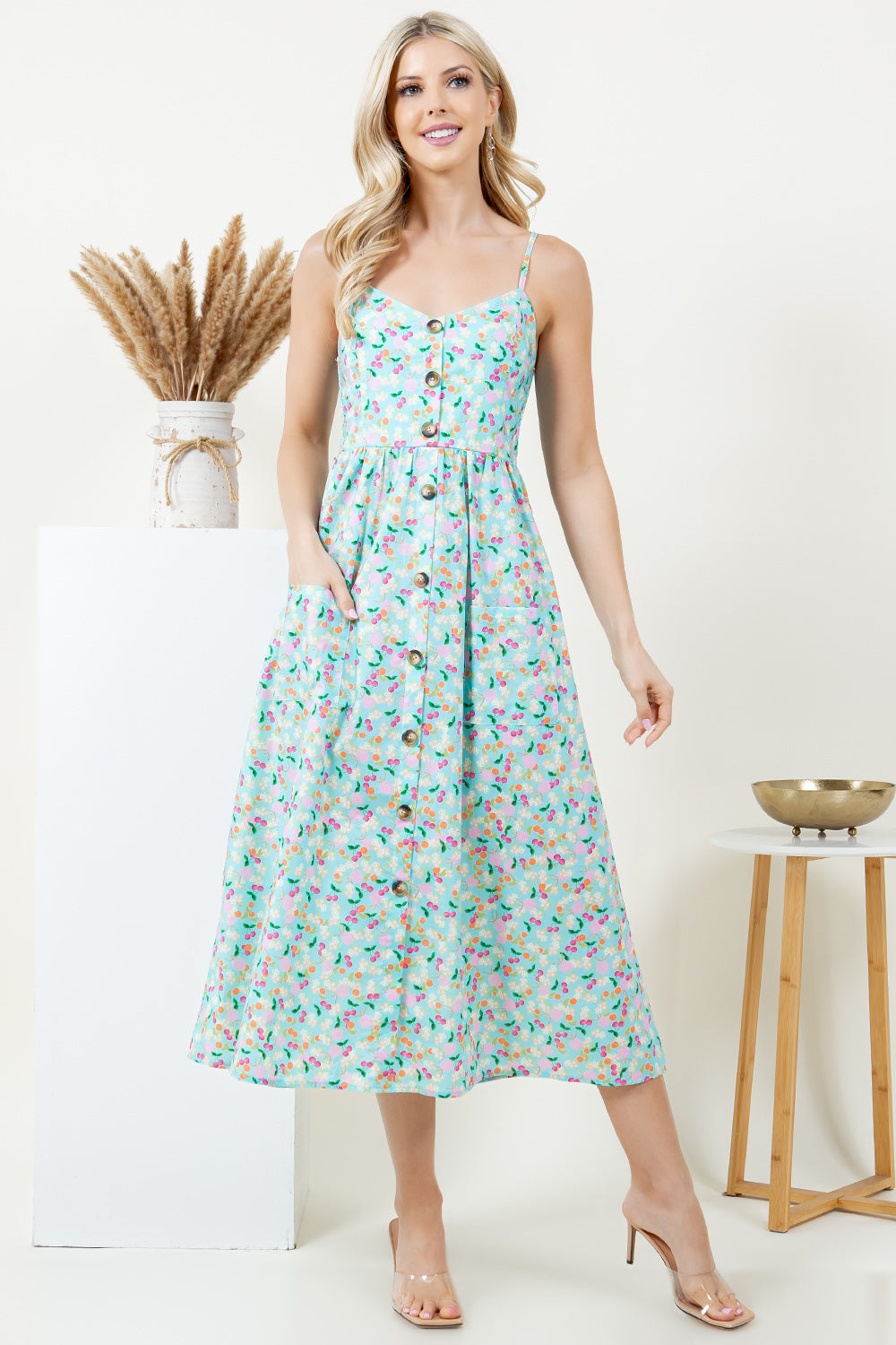 Pastel Color Floral & Cherry Print Cami Cotton Dress